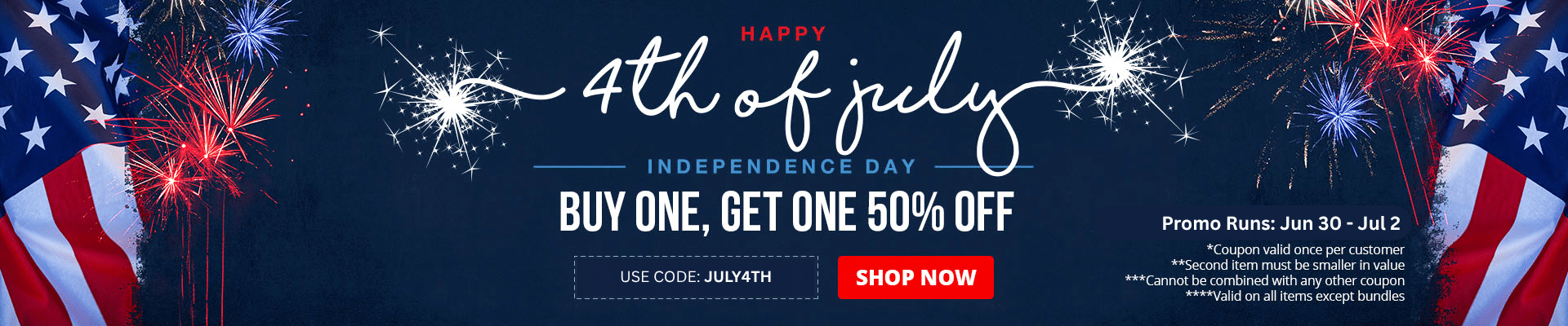 Use code JULY4TH until 7/2 to receive 50% off your second item of a smaller value.