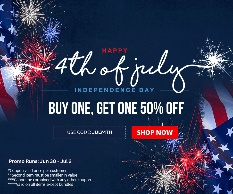 Use code JULY4TH until 7/2 to receive 50% off your second item of a smaller value.
