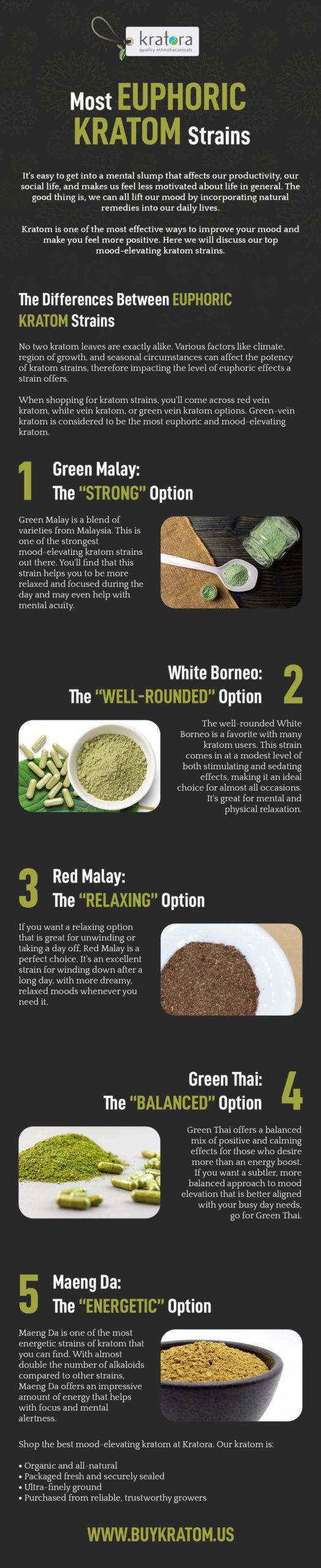 Infographic highlighting the five most euphoric kratom strains, including Green Malay & White Borneo.