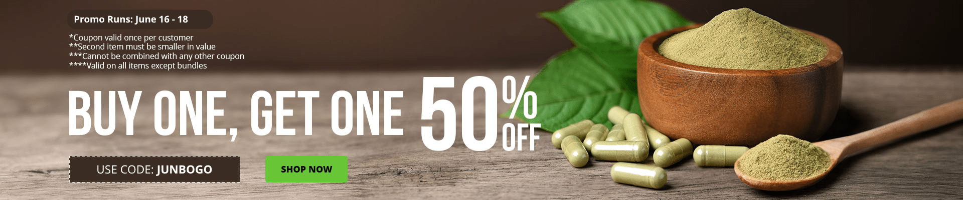 Use code JUNBOGO to get 50% off your second order until June, 16.