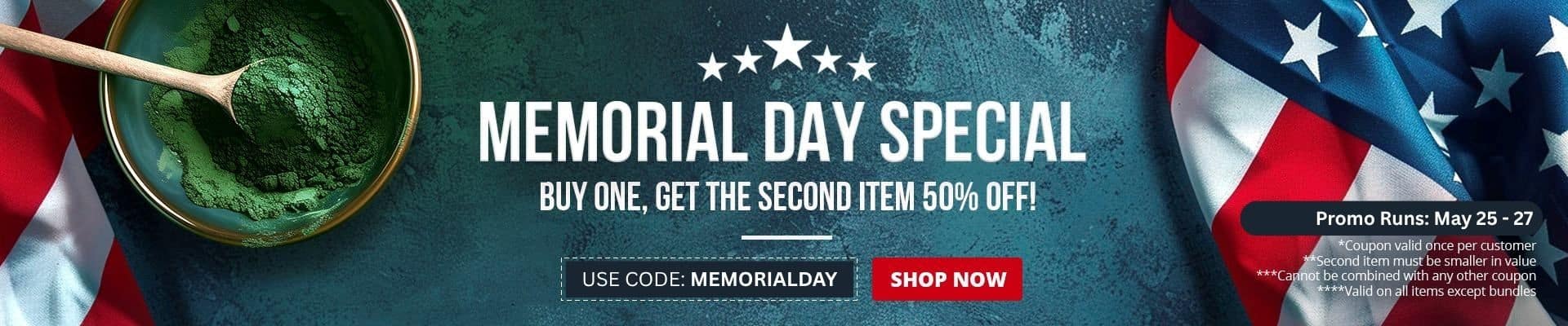 Use code MEMORIALDAY at checkout to receive 50% off second item until May, 27.