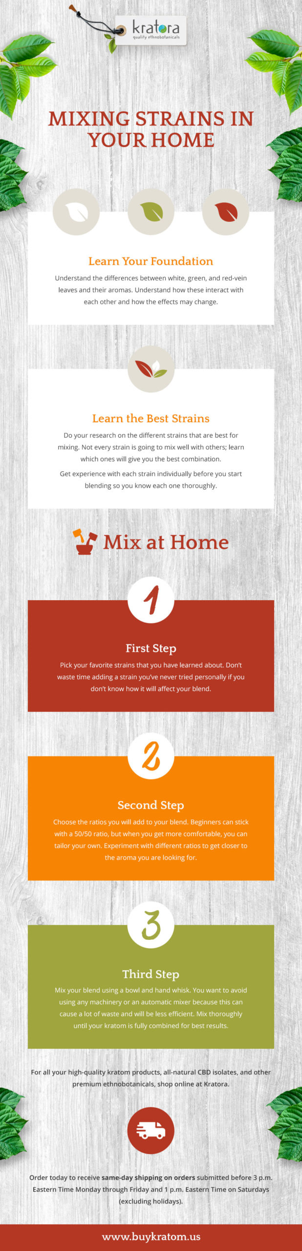 Mixing Kratom Strains - infographic with three steps for mixing at home. 