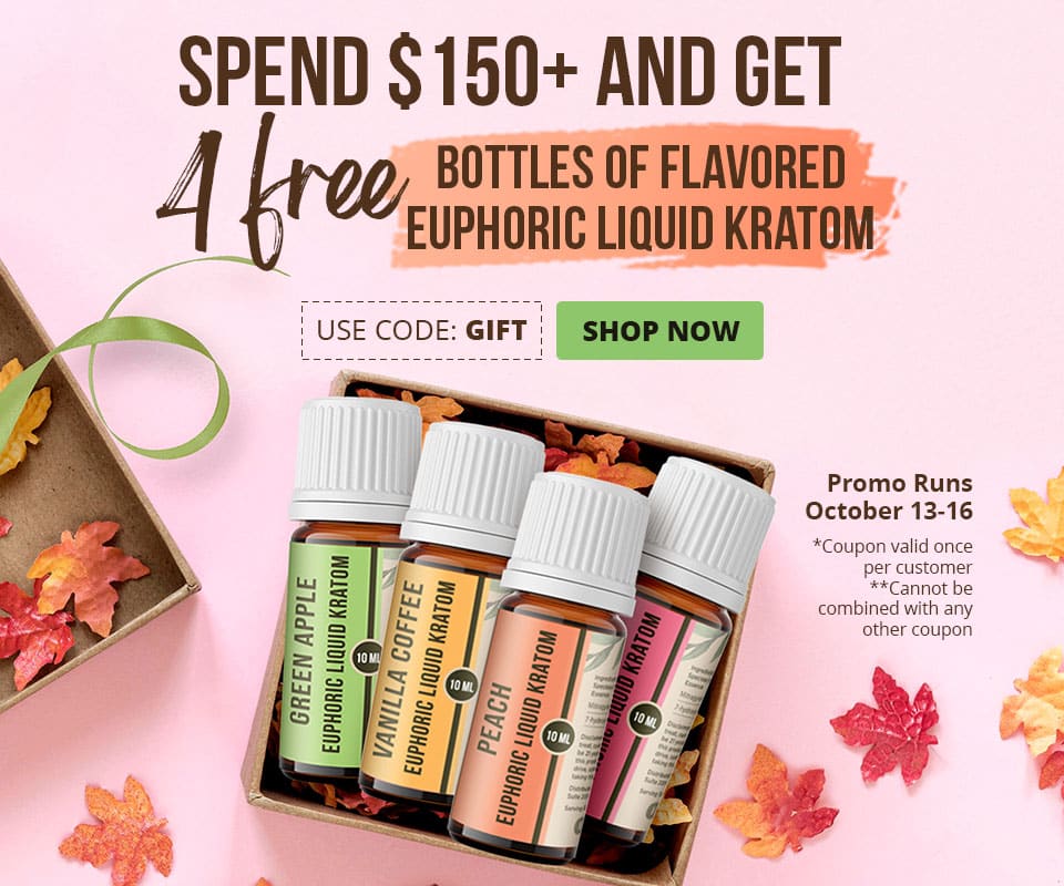 Use code GIFT at checkout to receive 4 free bottles of flavored liquid kratom until Oct, 16.