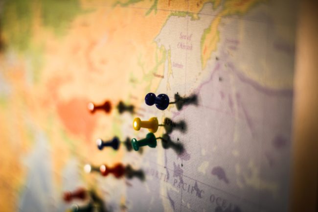 Map of Southeast Asia with push pins