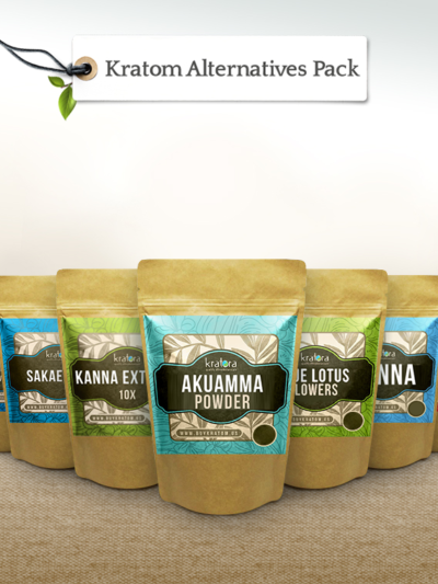 Several packages of botanical extract arranged on a table, including Akuamma Powder & Blue Lotus.