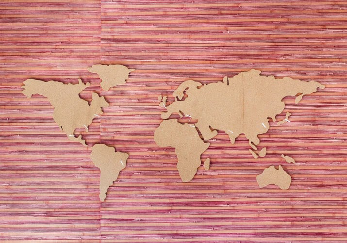 Brown silhouette of a global map on a red background.