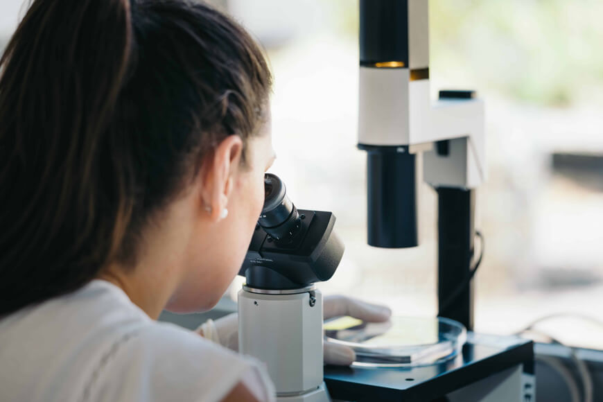 A Female Scientist Looks Through a Microscope