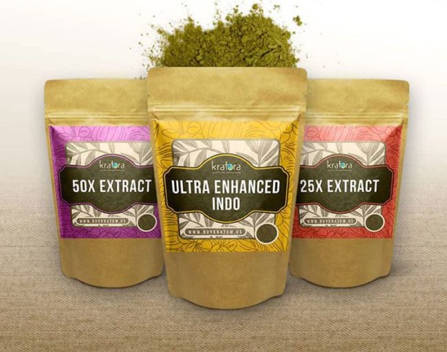 A Kratora extract and enhanced kratom variety pack with three packets.