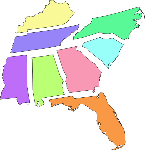 Multi-colored sketch of a Southern United States map