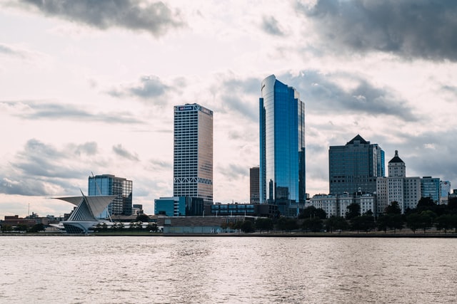  Panoramic shot of Downtown Milwaukee skyline and the Milwaukee River