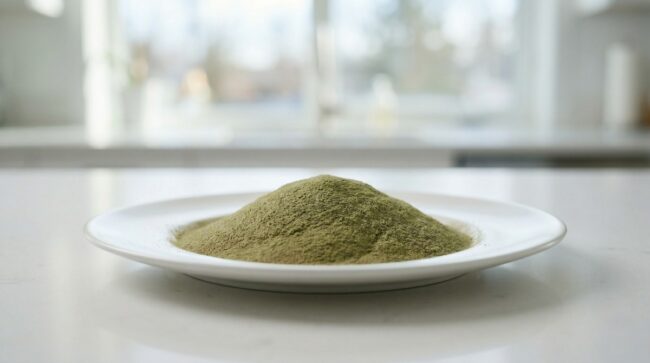 A mound of fine kratom powder on a minimalist white plate in a sunlit kitchen.