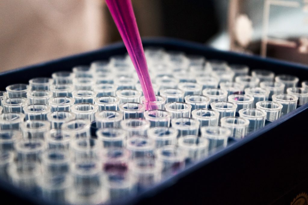 Red die is piped into glass testing tubes.