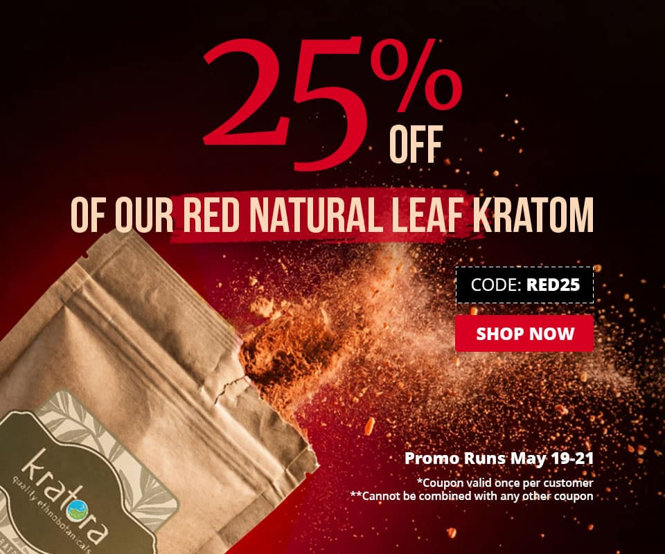 Use code RED25 until May 21 to receive 25% off natural red kratom (powder + capsules)