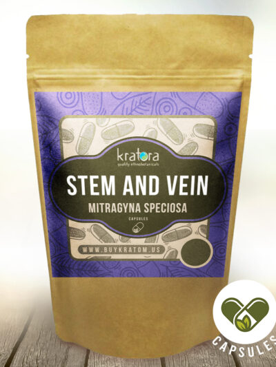 A pack of stem and vein kratom capsules from Kratora