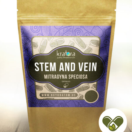 A pack of stem and vein kratom capsules from Kratora