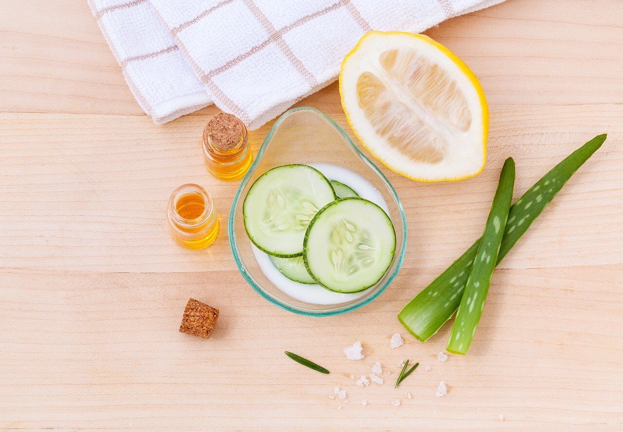 CBD beauty products with aloe vera, cucumber, and lemon